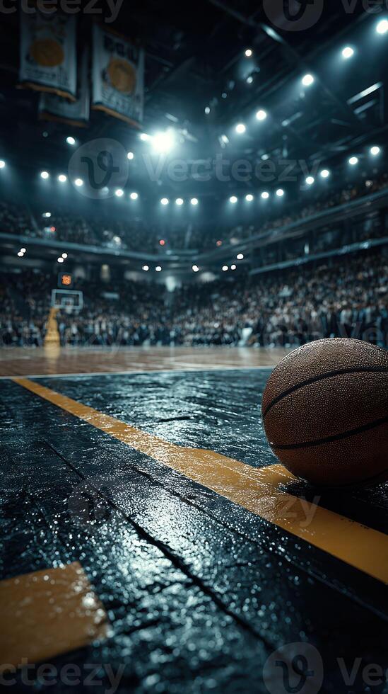 Bright lights illuminate a basketball court as a ball rests on the floor during a competitive game at dusk photo