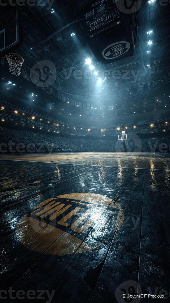 Basketball court illuminated by bright lights in an empty arena before a game at night photo