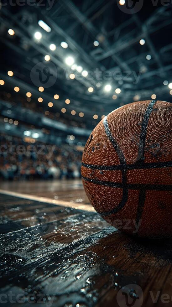 Basketball rests on court during a thrilling match in an indoor arena filled with excited fans at night photo