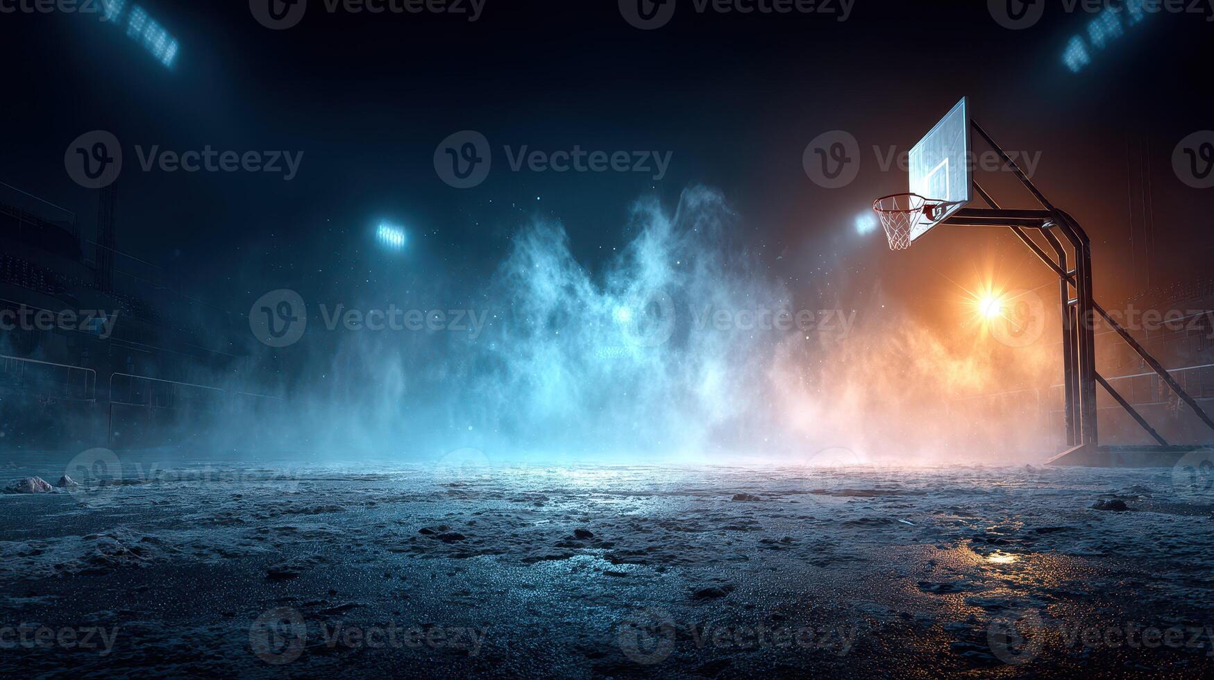 Basketball court illuminated by dramatic lighting at night with mist and shadows creating an intense atmosphere photo