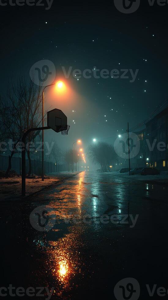 Nighttime street with a basketball hoop illuminated by streetlights in a quiet neighborhood photo