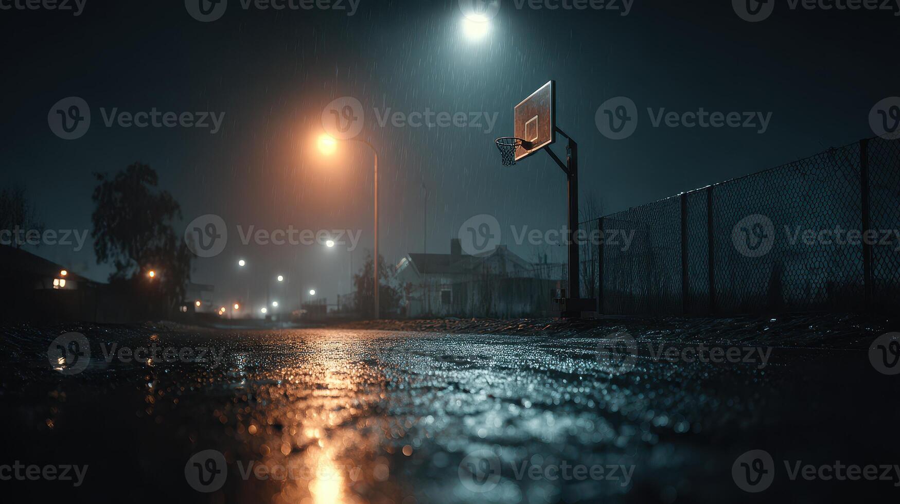 Nighttime basketball court under rain near a street in a quiet neighborhood with streetlights illuminating the scene photo