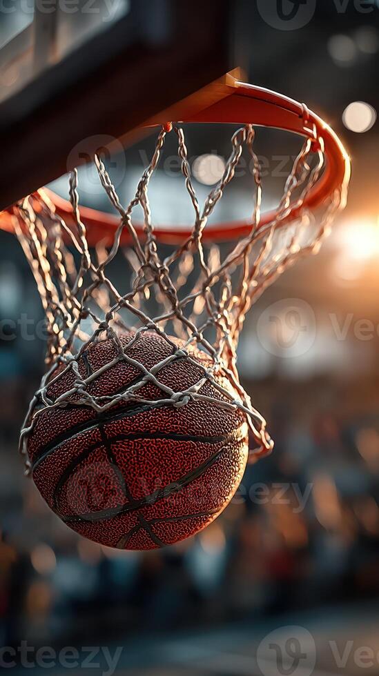 Basketball swishes through the net during a competitive practice session in an indoor gym on a sunny afternoon photo