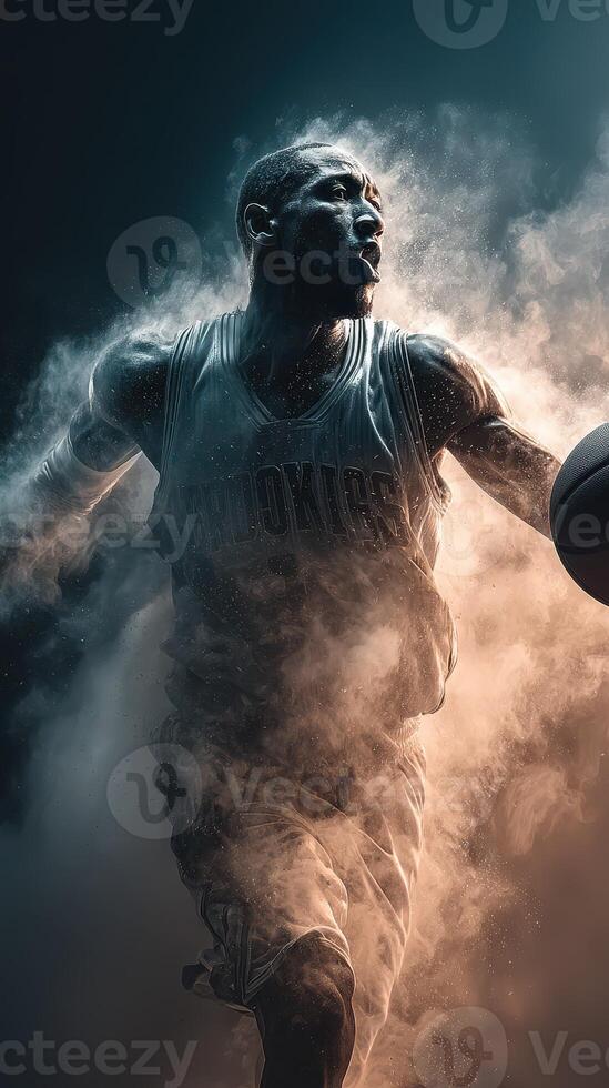 Basketball player in dynamic motion during a game surrounded by swirling dust and smoke effects photo