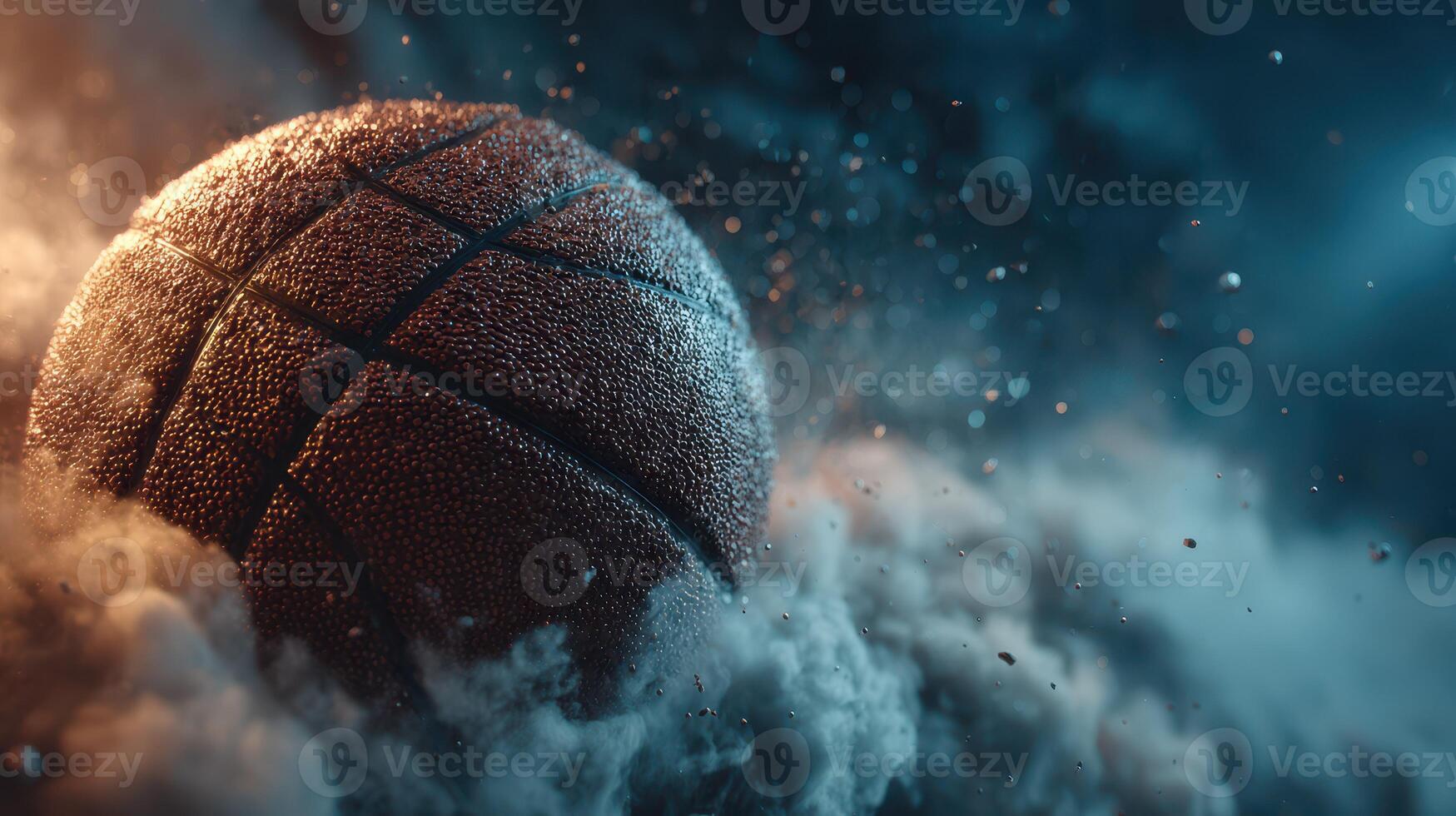 Basketball rolling through smoke with dramatic lighting effects in a dark environment photo
