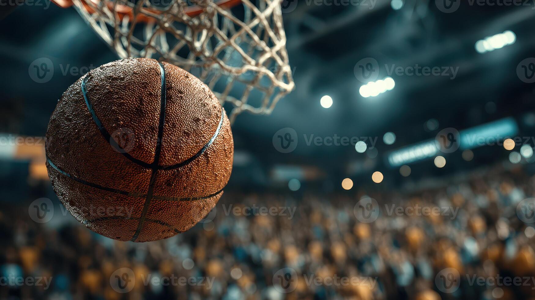 Basketball soaring toward the hoop during an intense game at a packed arena photo