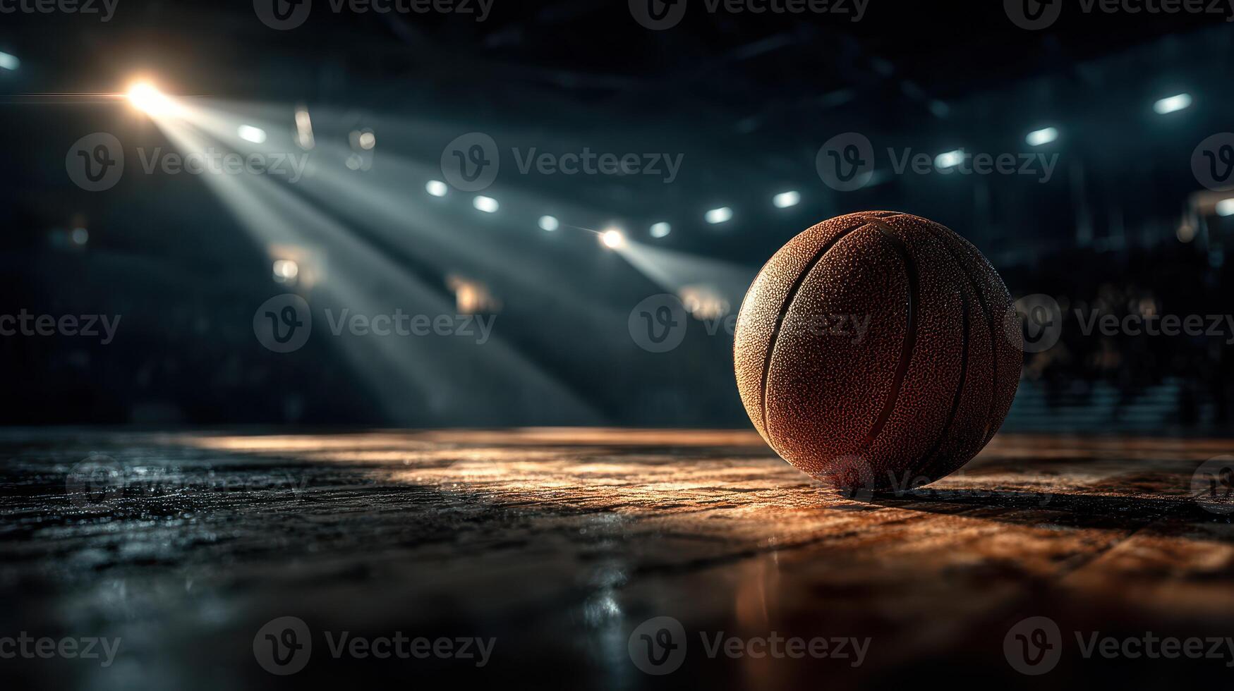Basketball rests on a court illuminated by spotlight in an empty arena during a competitive match photo