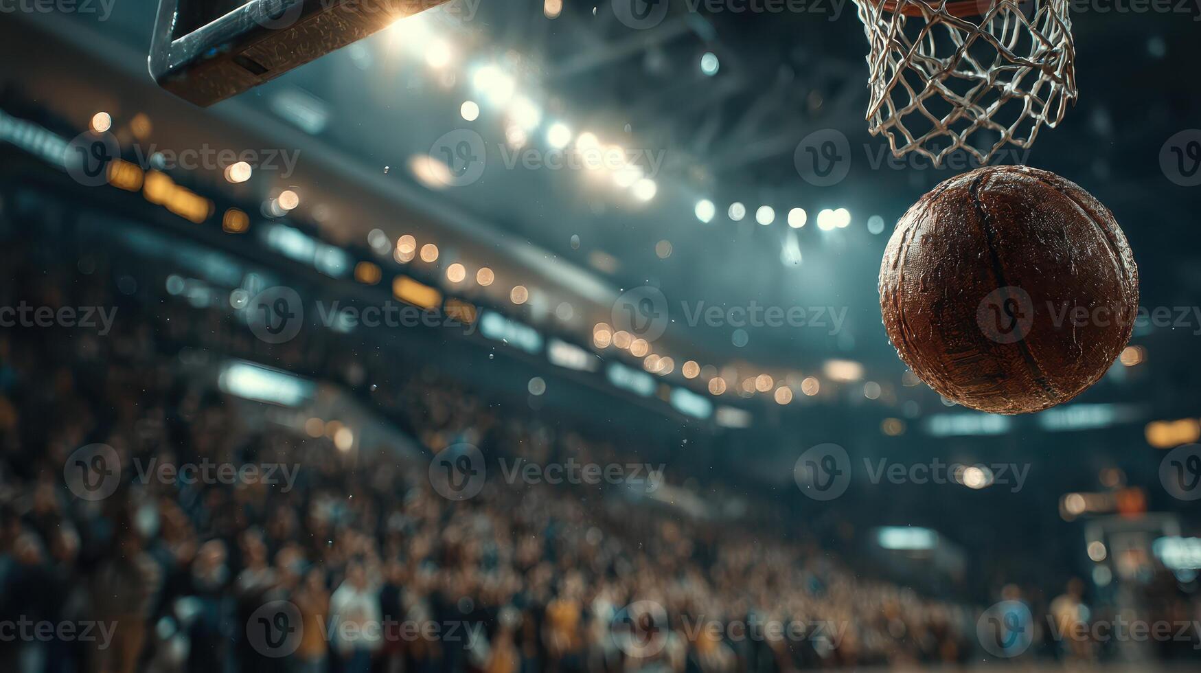 Basketball swiftly arcs toward the hoop in an electrifying game atmosphere during a packed arena event photo