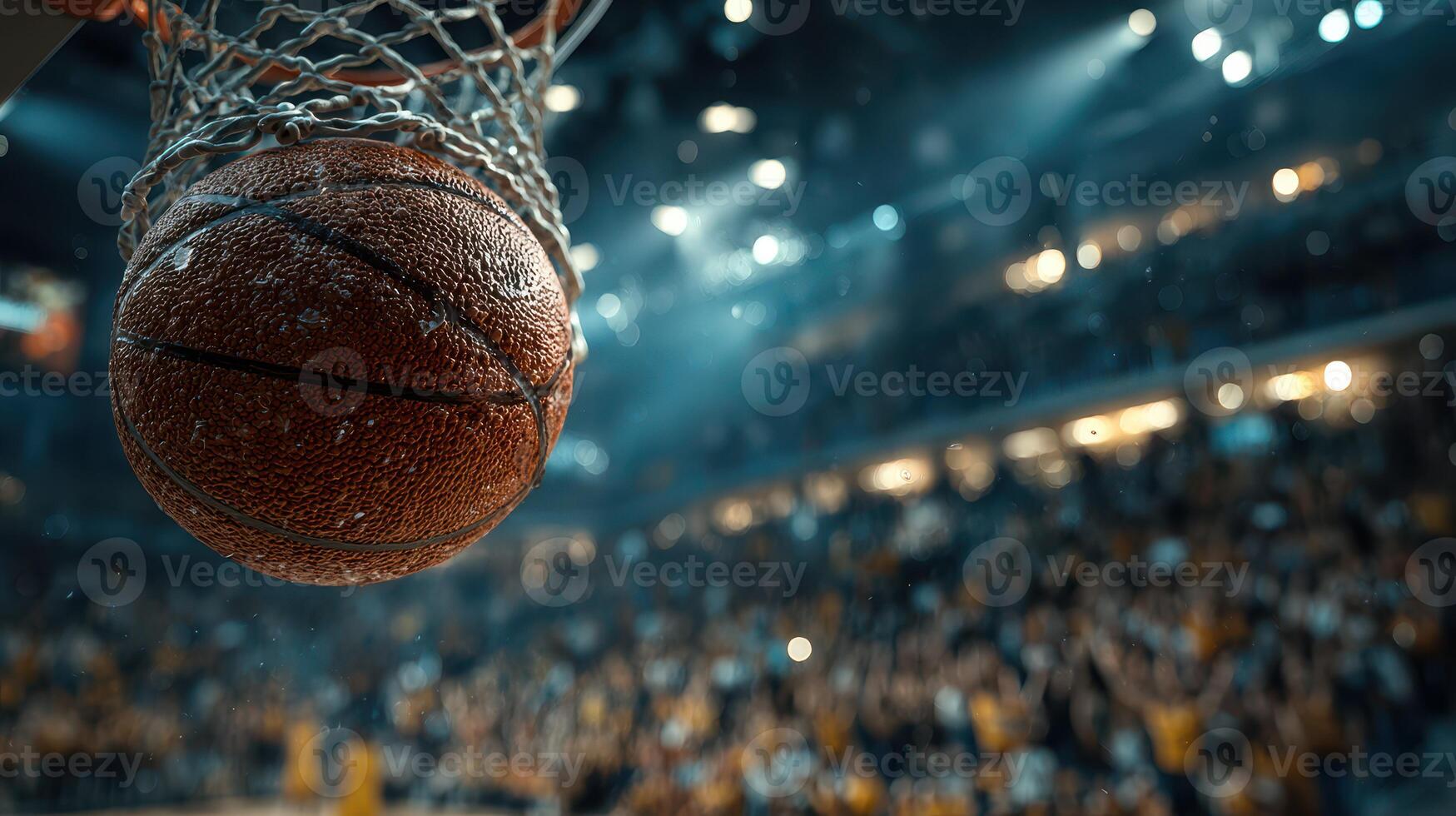 Basketball goes through hoop during intense game in packed arena with cheering crowd photo