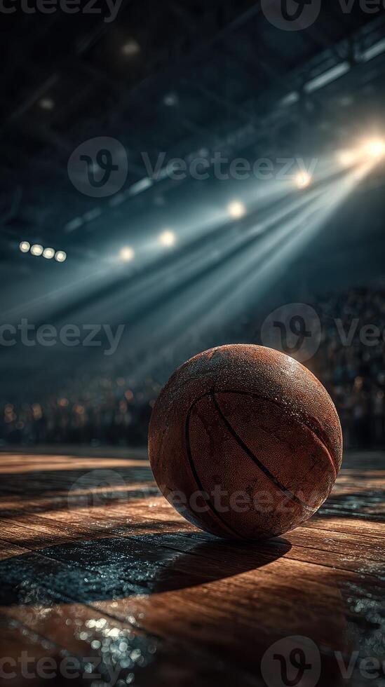 Basketball resting on court during a dramatic lighting display in a packed arena before a championship game photo