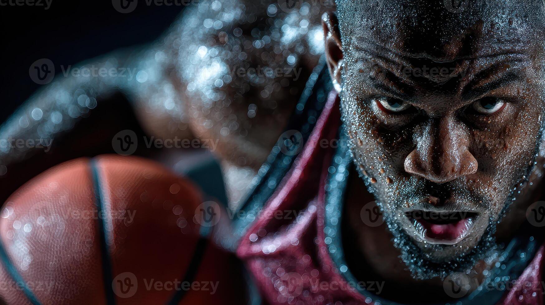 Intense basketball player focuses on the game under dramatic lighting in a gymnasium during practice photo