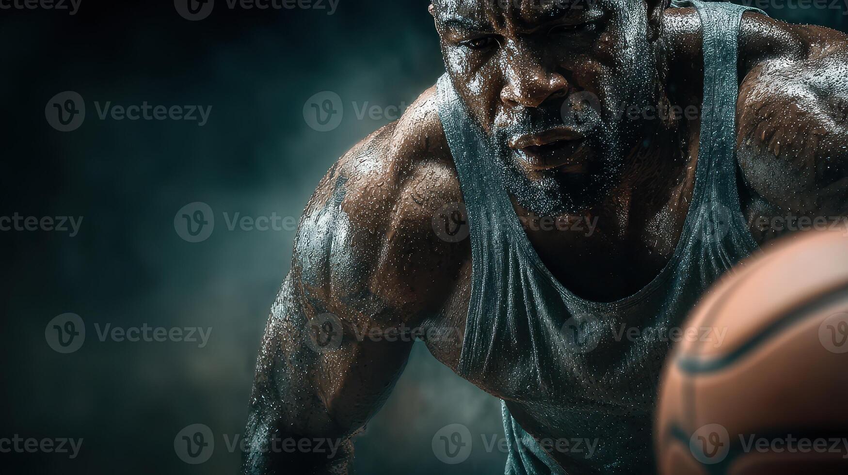 Intense basketball training session in a dimly lit gym with a focused athlete exerting effort photo