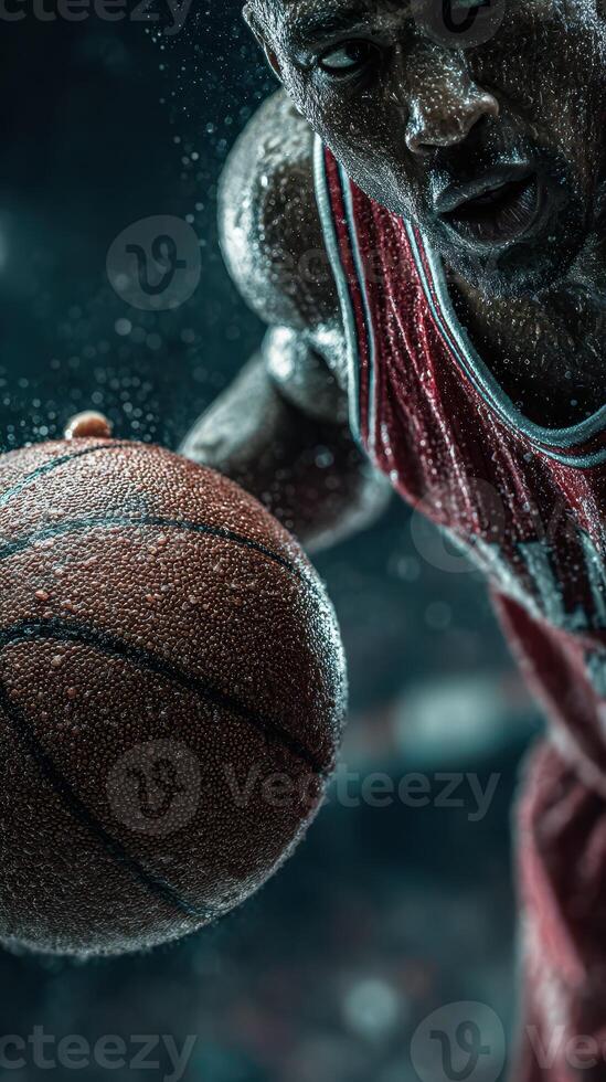 Basketball player showcasing skills during intense game action at a sports arena in the evening photo