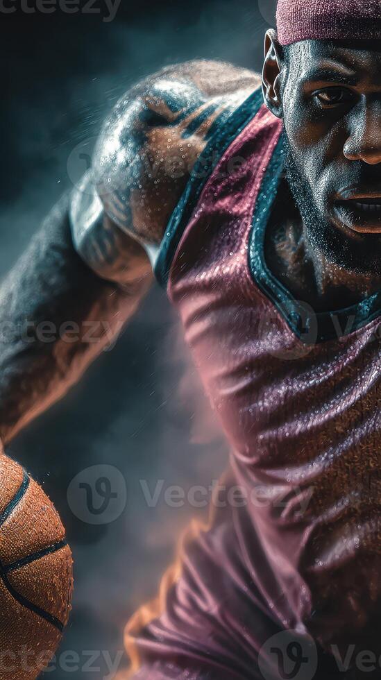 Dynamic basketball player showcasing skill and determination during a high-intensity game in a dramatic atmosphere photo