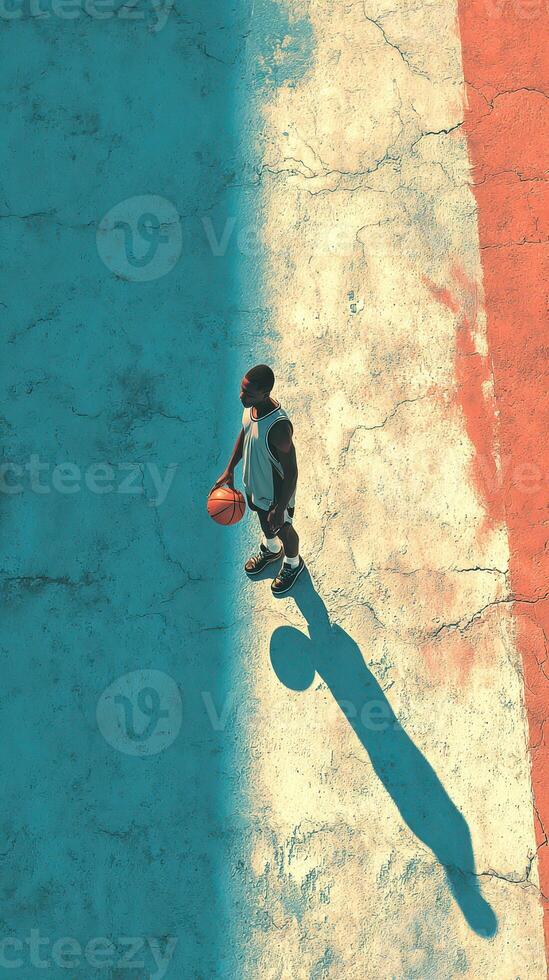 Basketball player stands on court with vibrant colors at sunset in urban environment photo