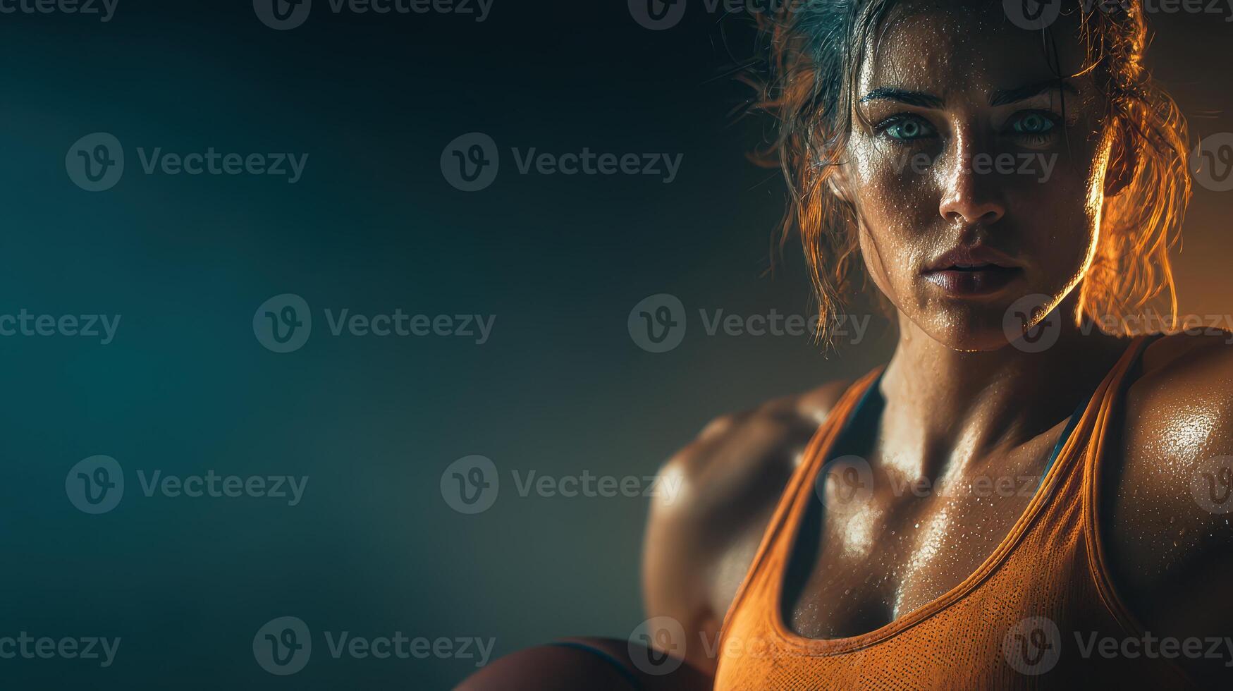 Strong athlete focused on winning during intense training session in gym with dramatic lighting photo