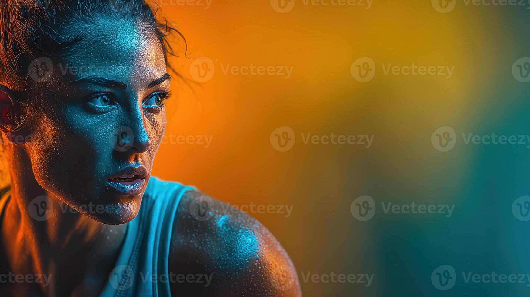 Active woman in a workout session with vibrant lighting radiating energy in an indoor space photo