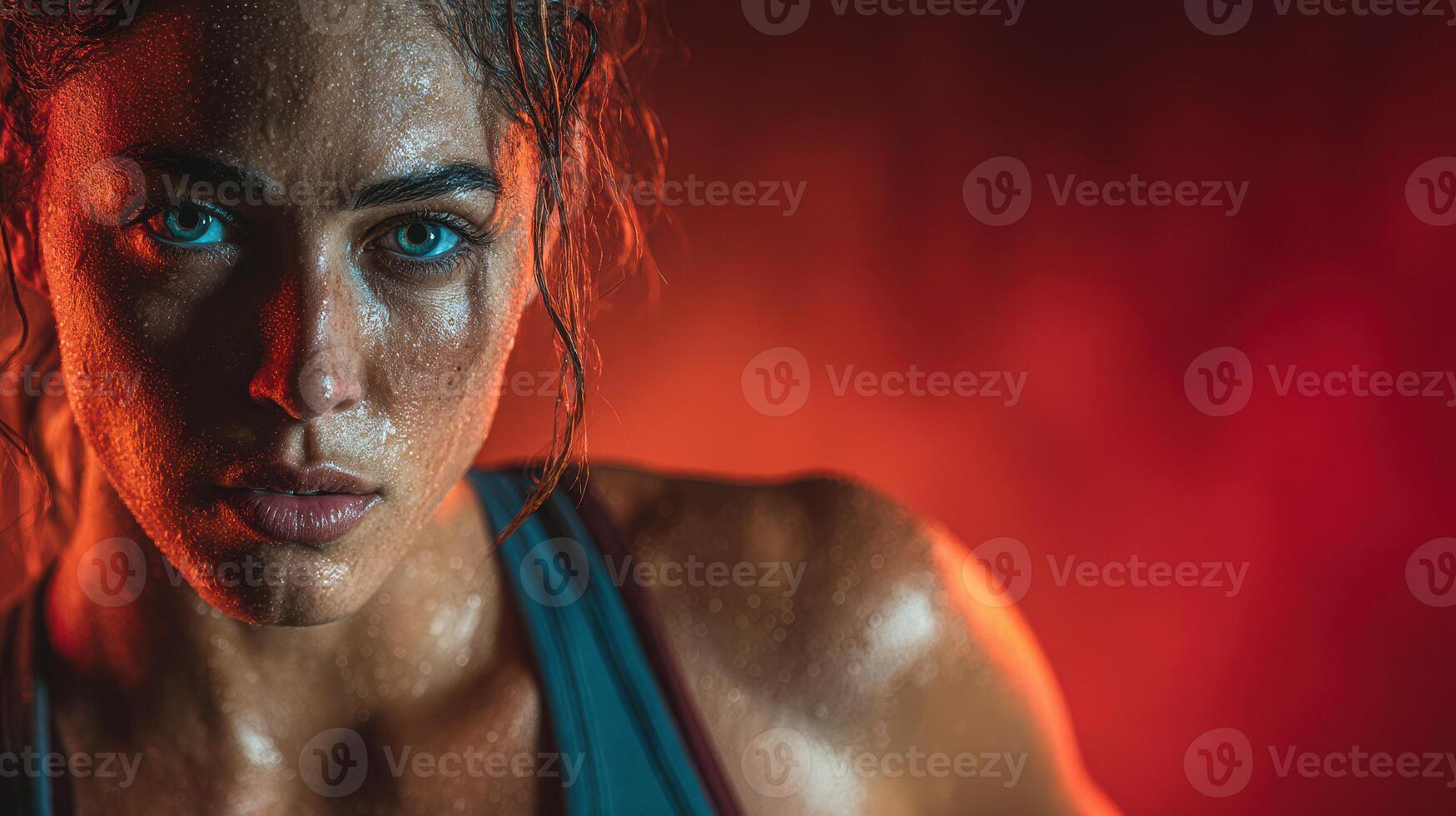 Strong athlete displaying intense focus and determination during a workout in a dramatic lighting setup photo