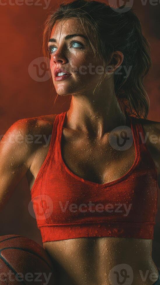 Empowering moment for a female athlete in a dynamic sports setting with a basketball photo