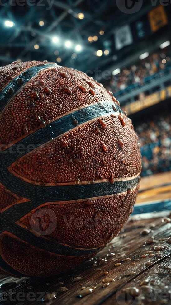 Basketball resting on damp wooden floor in an indoor sports arena during an exciting match in the late evening hours photo