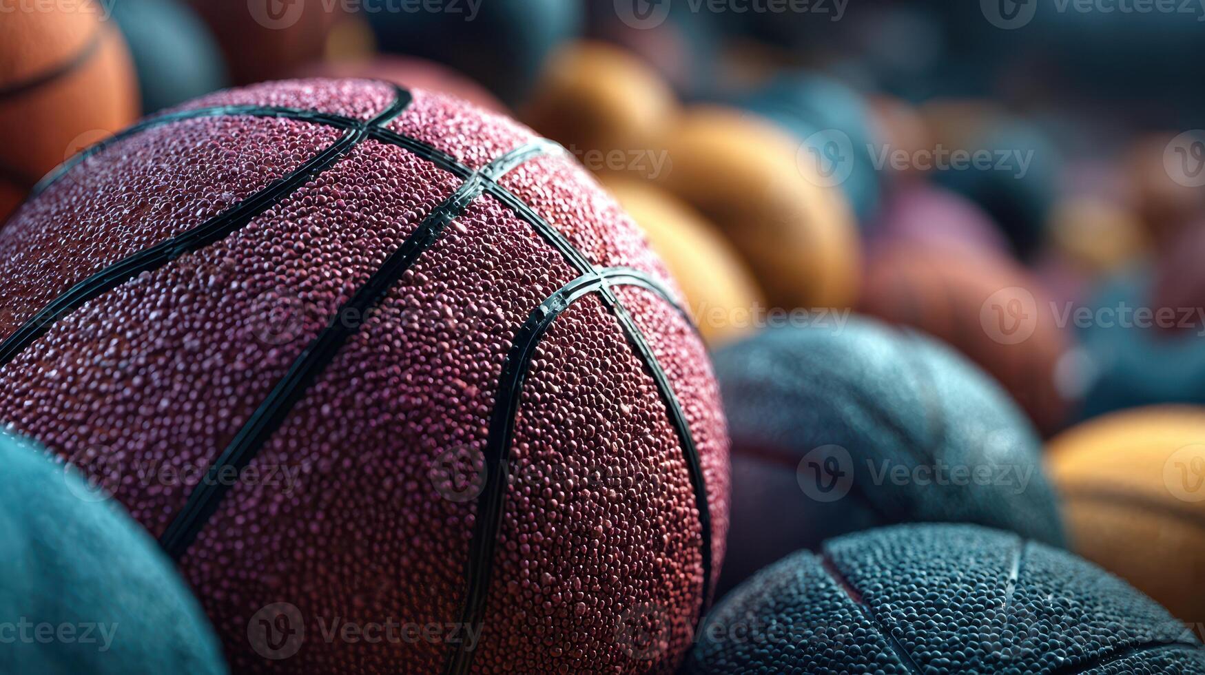 Numerous basketballs in various colors and textures gathered together in a vibrant sports setting photo