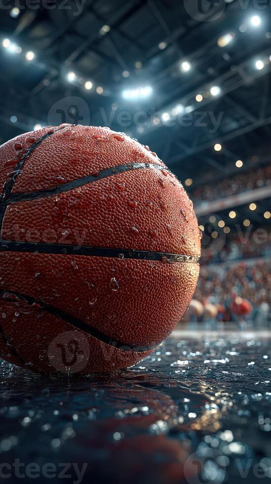 Basketball resting on wet court during a dynamic game at a packed arena late in the evening photo
