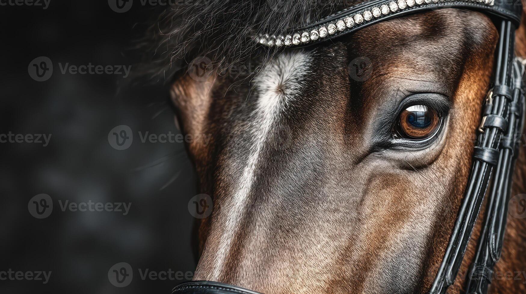 Close-up view of a horse's eye and bridle highlighting the beauty and elegance of the animal during a calm moment photo