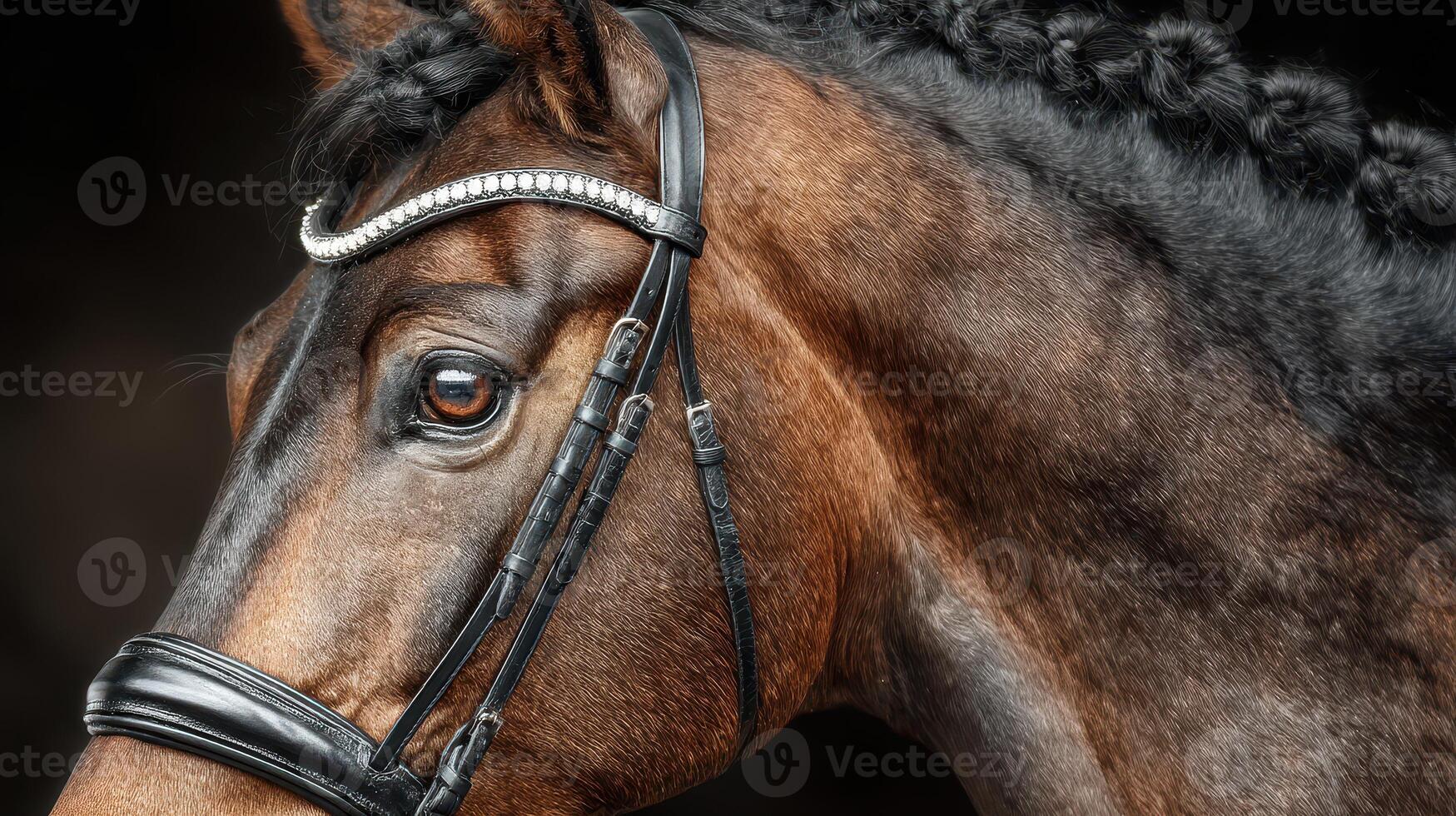 Close-up of a beautiful brown horse with braided mane and elegant bridle during an equestrian event photo