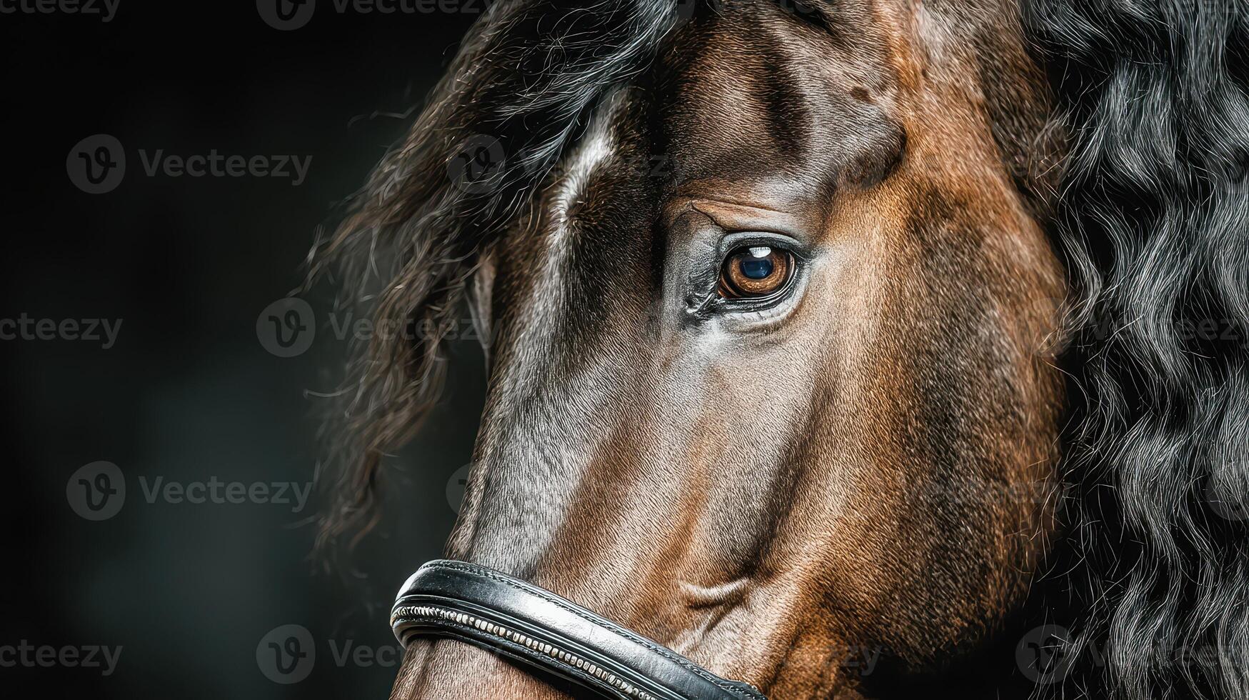 Majestic horse with beautiful mane gazes thoughtfully in low light setting photo