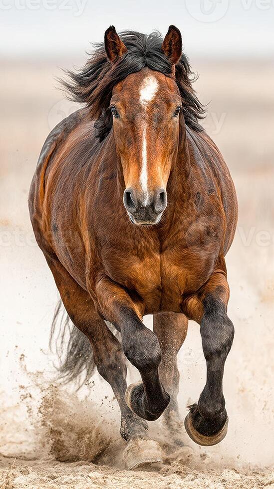Strong brown horse galloping across sandy terrain during daylight in wide open landscape photo