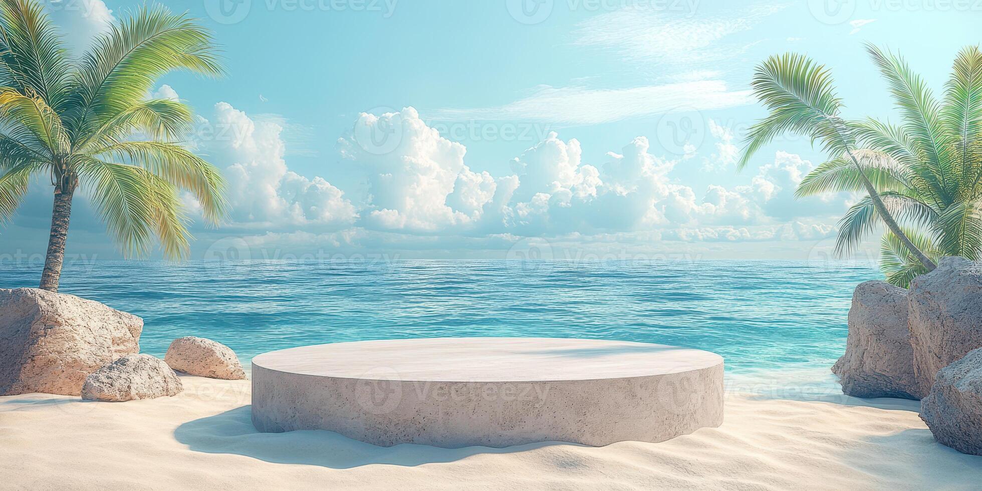Secluded beach setting with circular platform surrounded by palm trees and ocean views in bright daylight photo