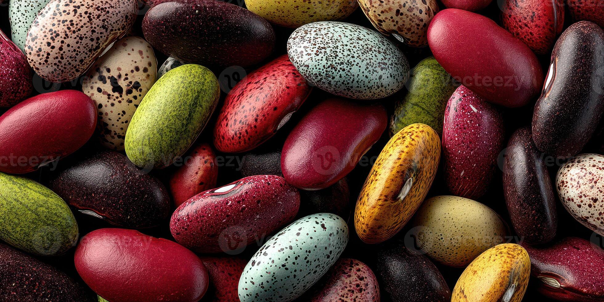 Colorful assortment of diverse beans on display with vivid patterns and textures photo