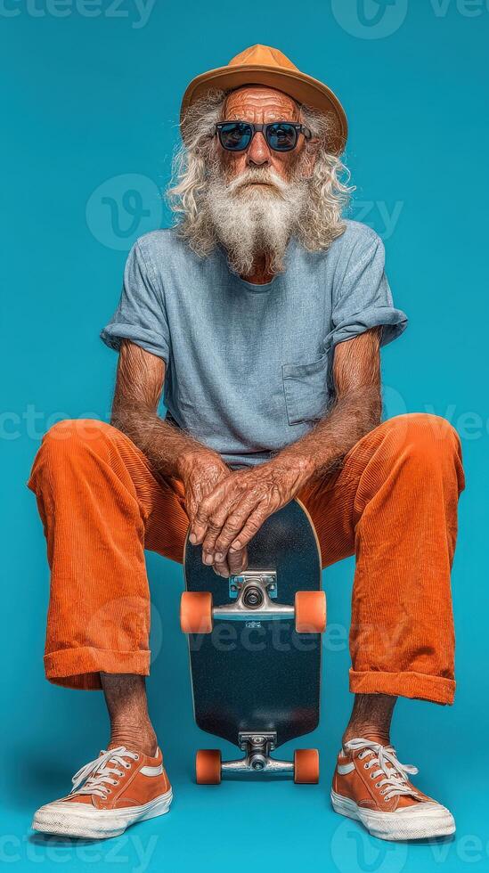 Elderly man with gray beard and sunglasses poses with skateboard against a bright blue background photo