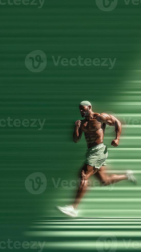 Man running swiftly in a dynamic, green-themed environment showcasing athleticism and determination photo