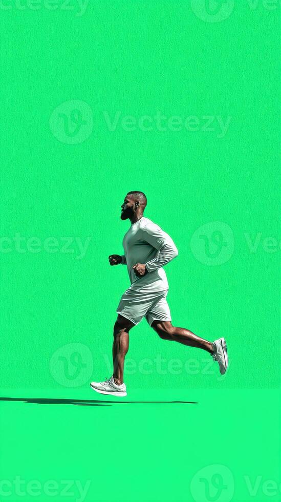 Runner in action against a bright green background during a daytime training session photo