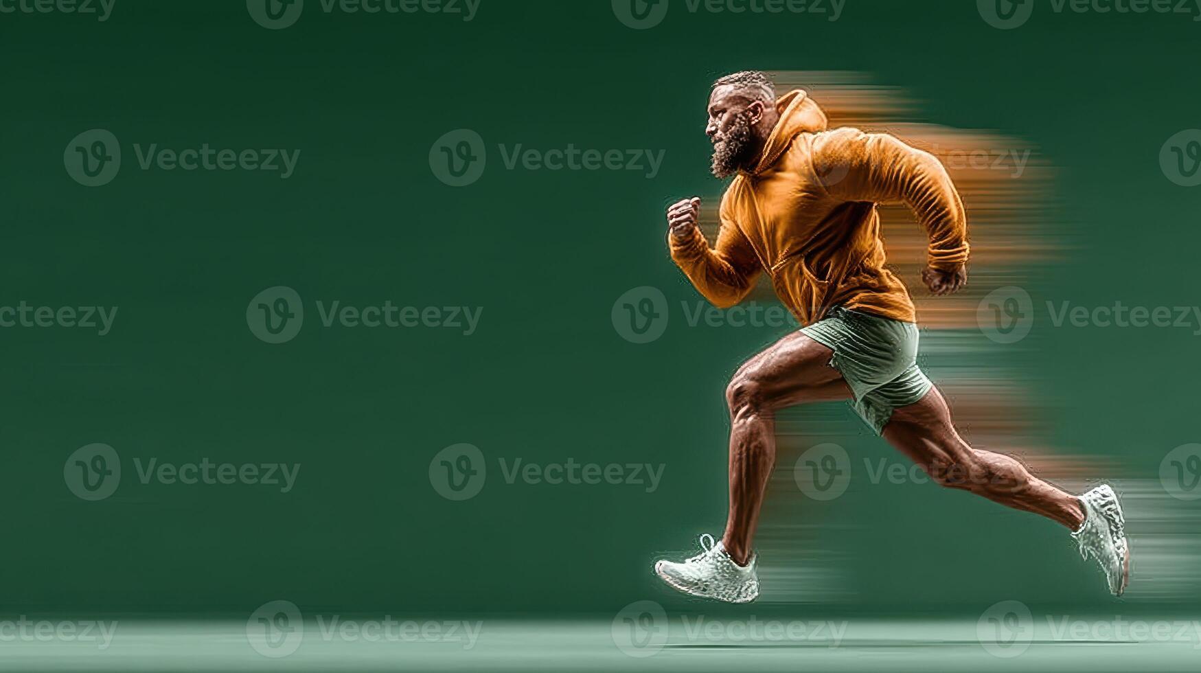 Muscular man in orange hoodie running fast against a green background in a dynamic motion blur photo