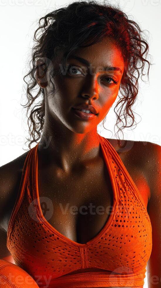 Fitness enthusiast showcasing determination and strength in a vibrant workout environment during intense training photo