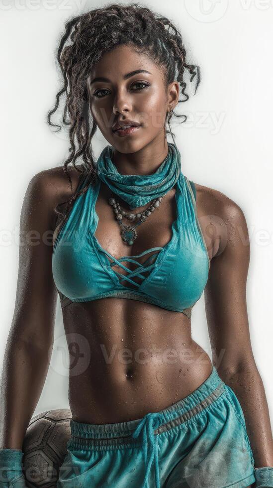 Female athlete poses confidently with a soccer ball while wearing sporty teal attire in a creatively lit studio setting photo