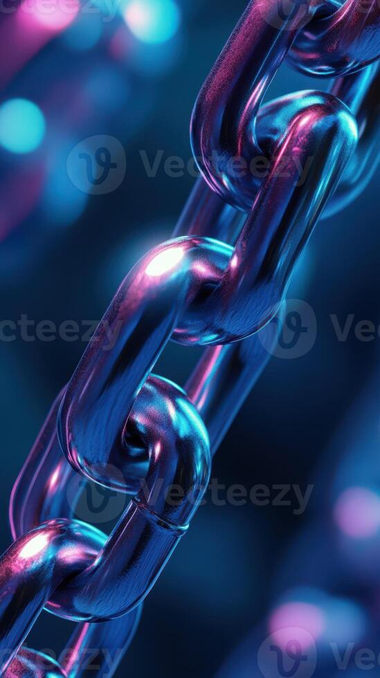 Metallic chain links glisten under blue and purple lighting in close-up view showcasing intricate details and reflections photo