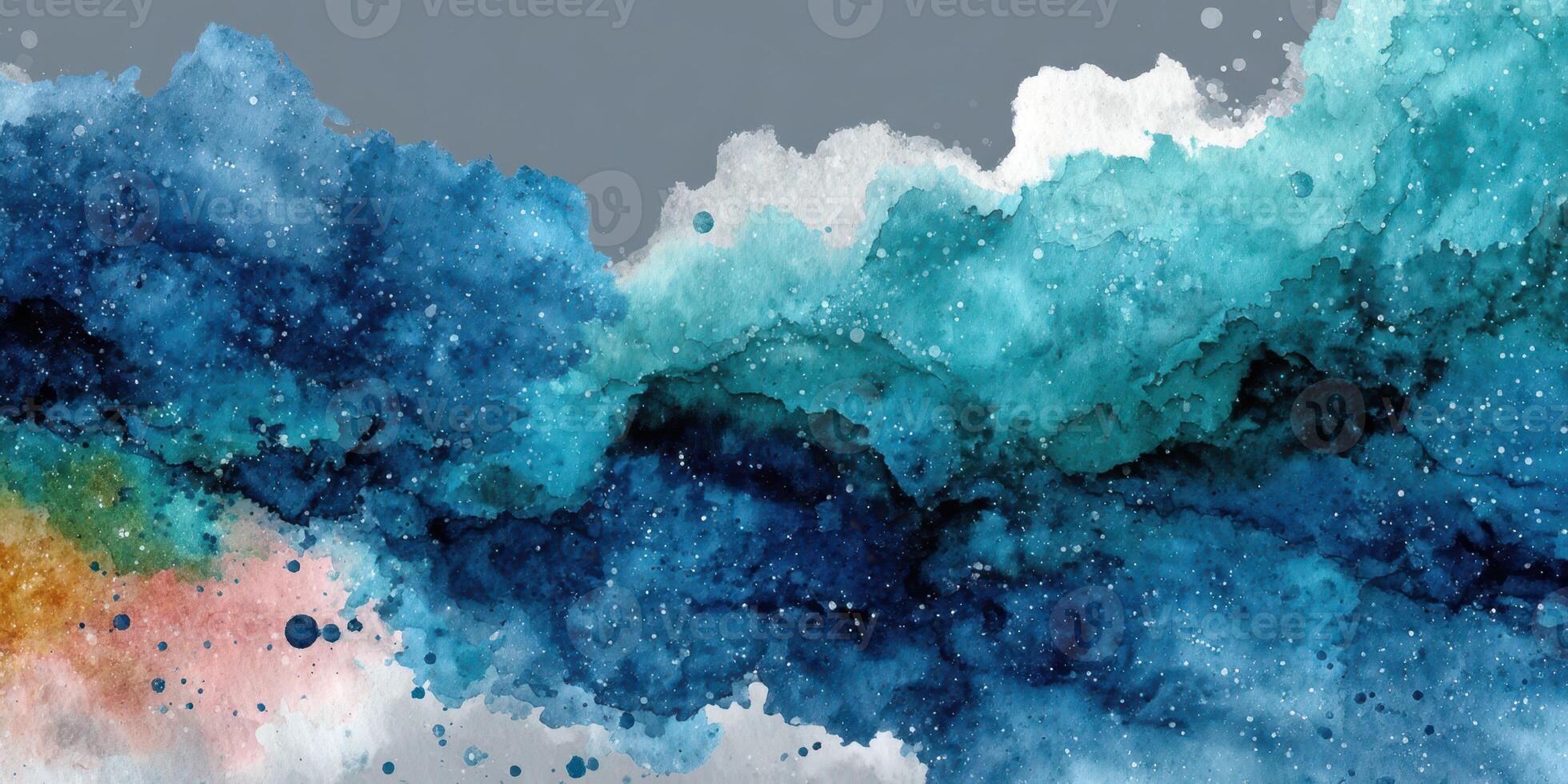 Abstract watercolor artwork depicts swirling blue and turquoise waves with hints of orange and gray for dynamic visual interest photo
