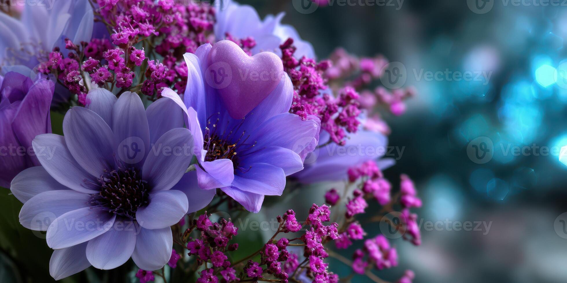 Colorful floral arrangement featuring purple daisies and pink accents complemented by a shimmering background photo