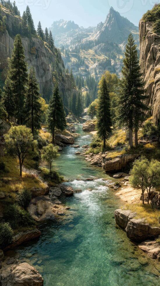 Scenic river flows through rocky hills and lush forests in a serene mountainous landscape during daylight photo