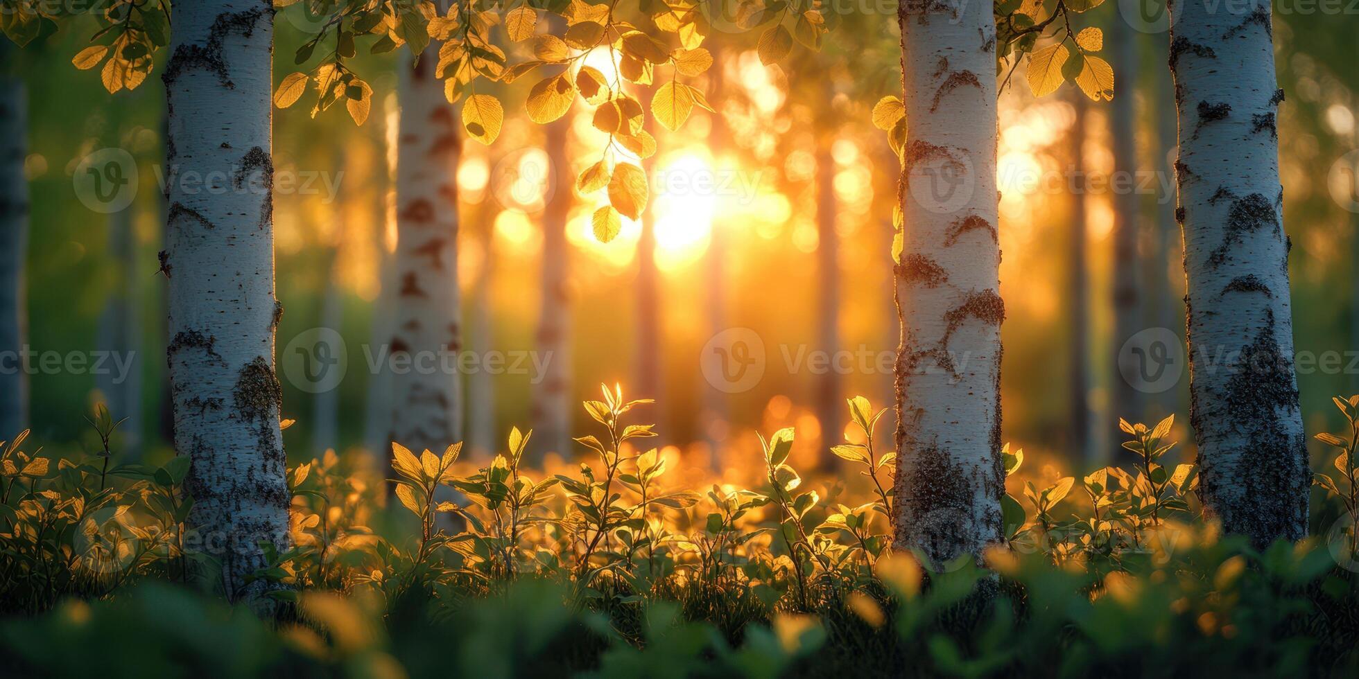 Sunlight filters through aspen trees in a lush forest during the golden hour of late afternoon photo