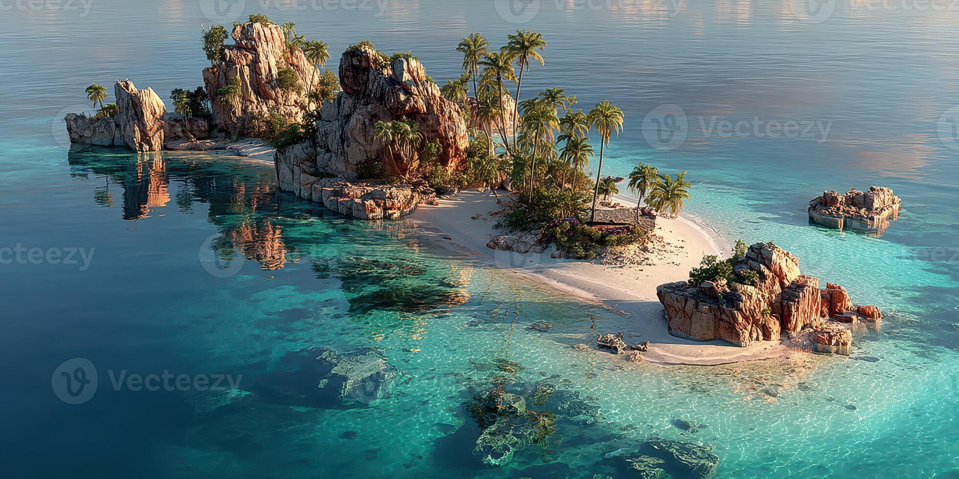 Island paradise with turquoise waters and lush palm trees during a sunny day photo