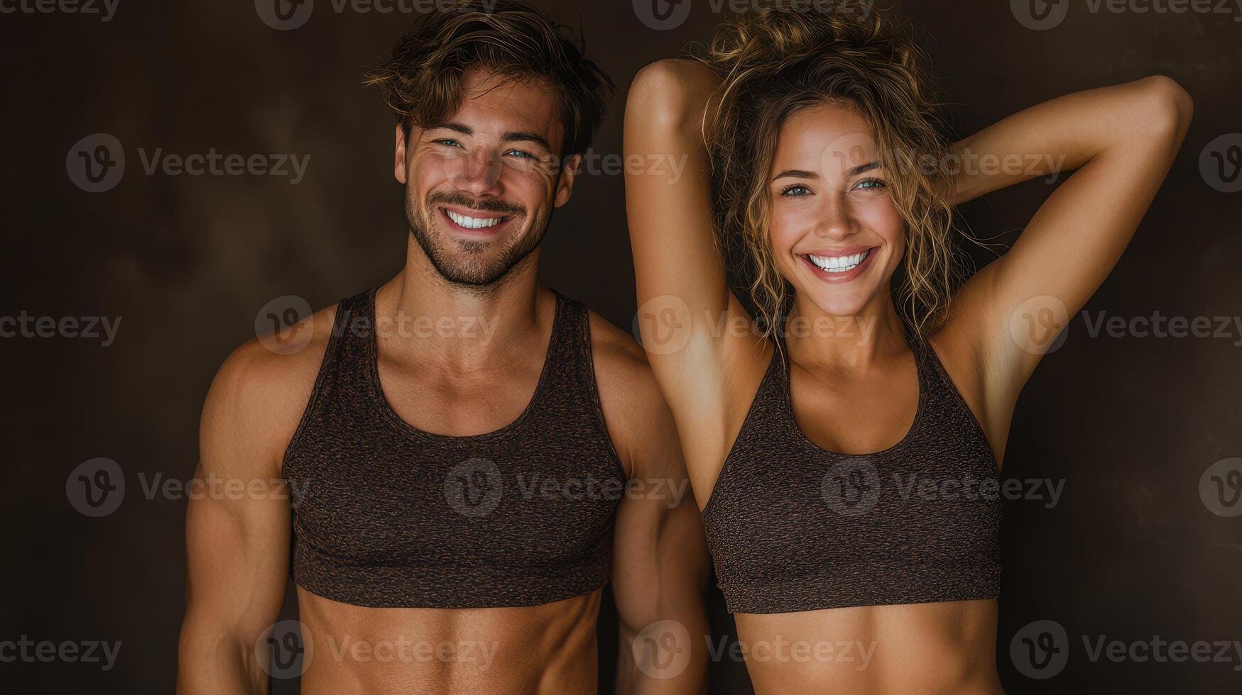 Couple showcases fitness achievements with smiles in a dimly lit studio during a photoshoot photo