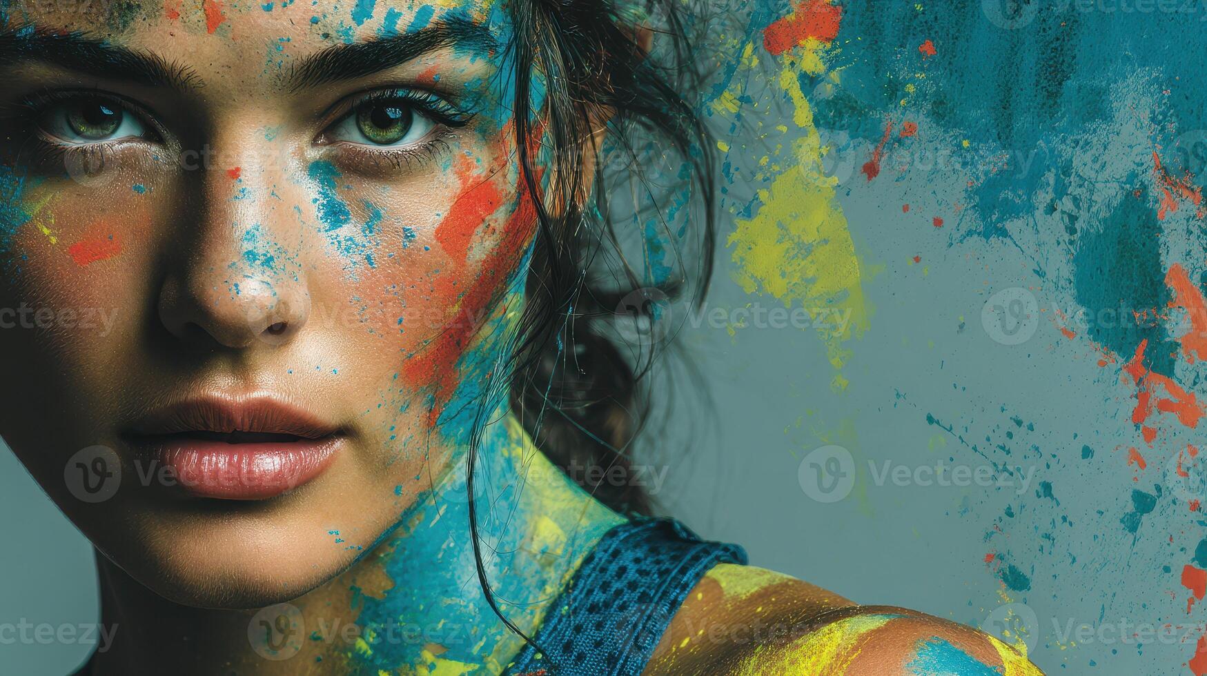 Young woman with vibrant face paint poses against splashed color backdrop in artistic photo session