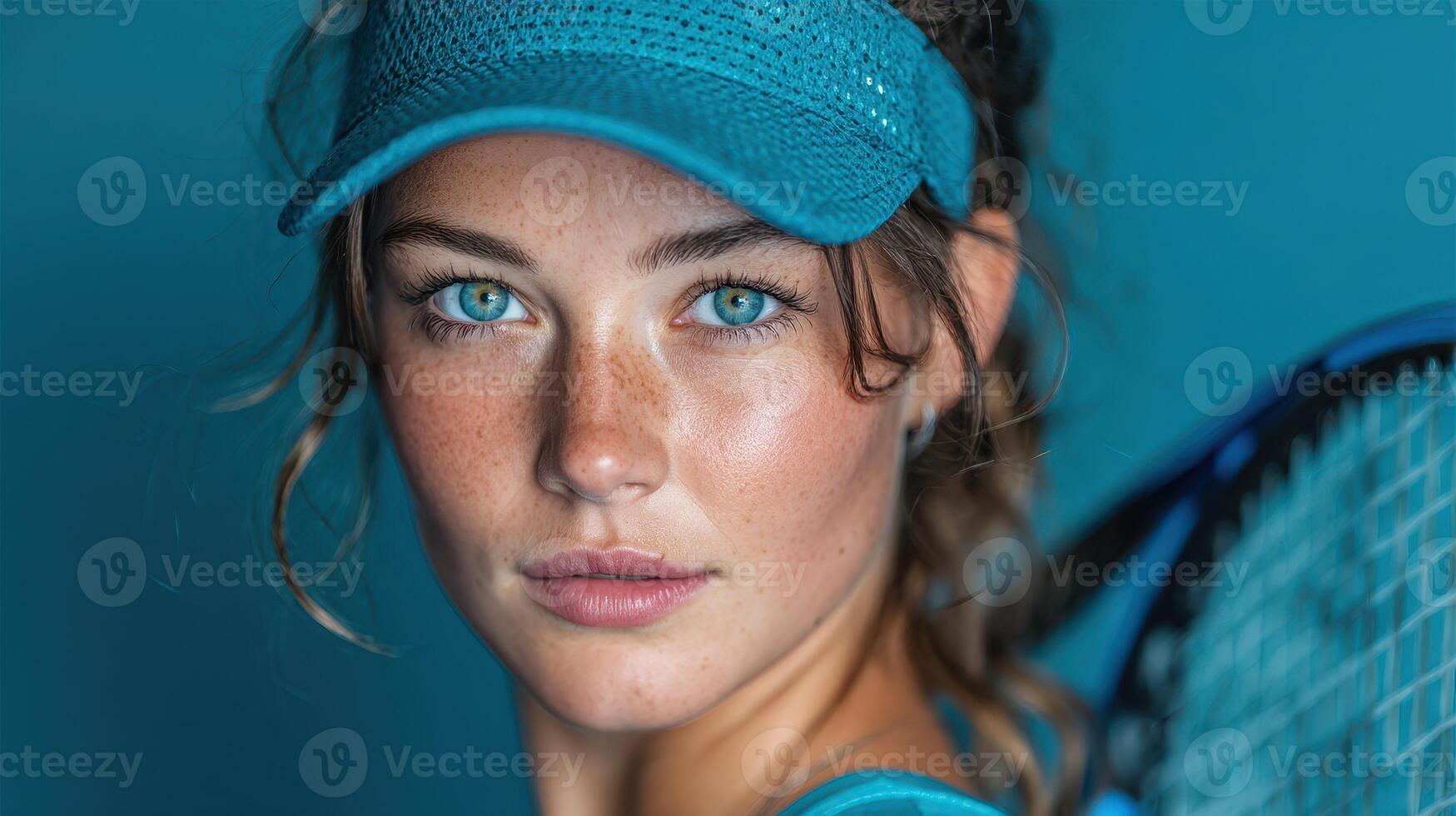 Young female tennis player poses with racket against a blue background during a portrait session photo