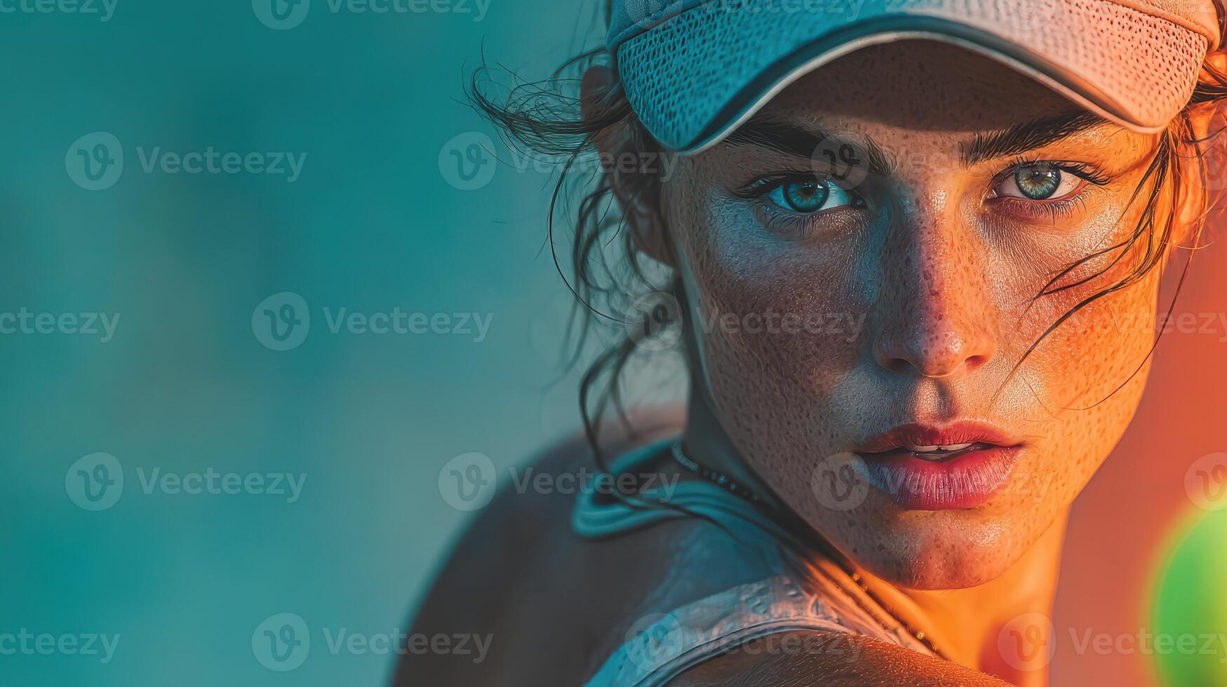 Young woman with freckles sports cap poses in vibrant lighting during outdoor activity in summer photo