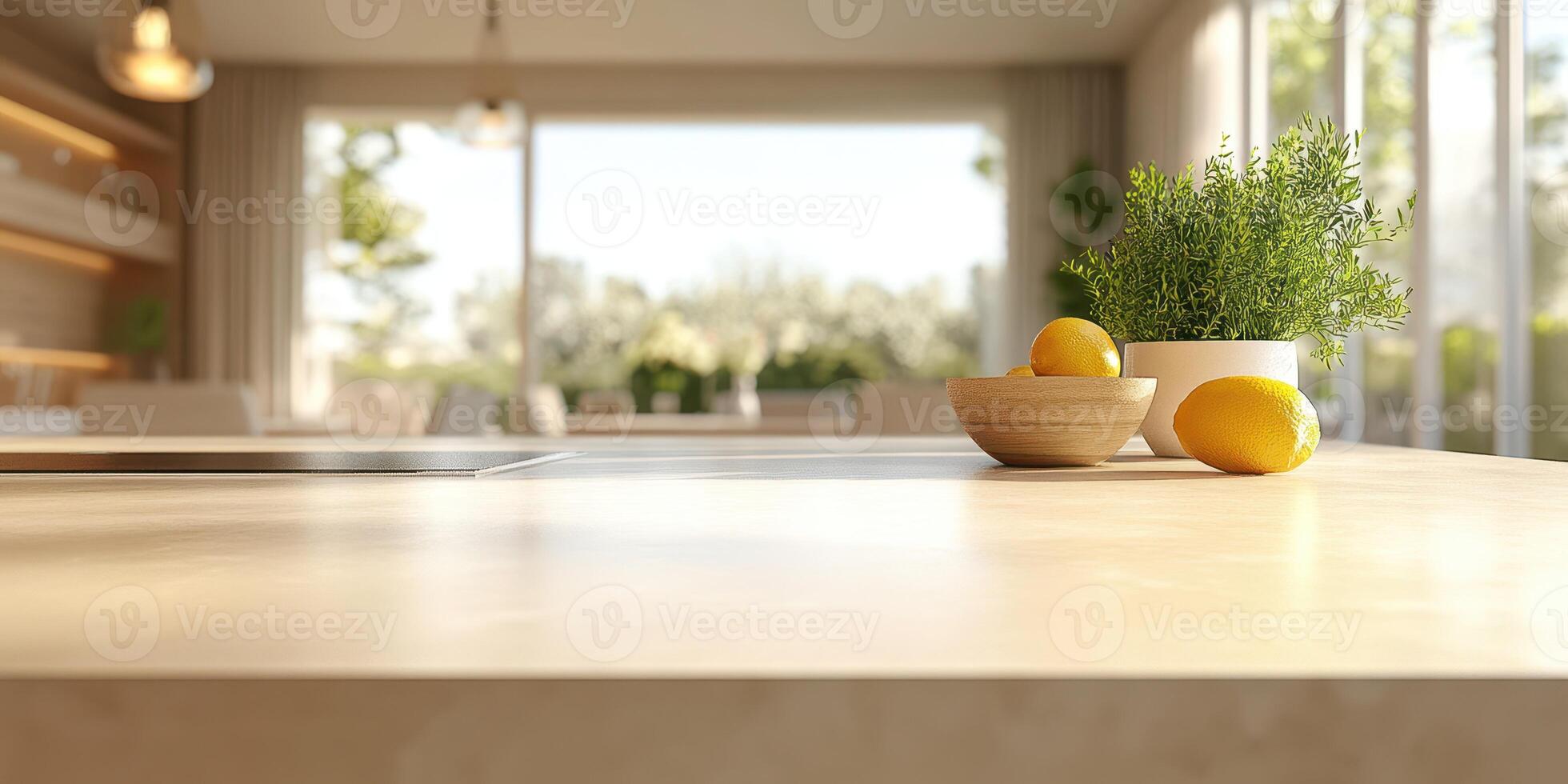 Bright and airy kitchen with fresh lemons and herbs on the countertop in a sunny setting photo