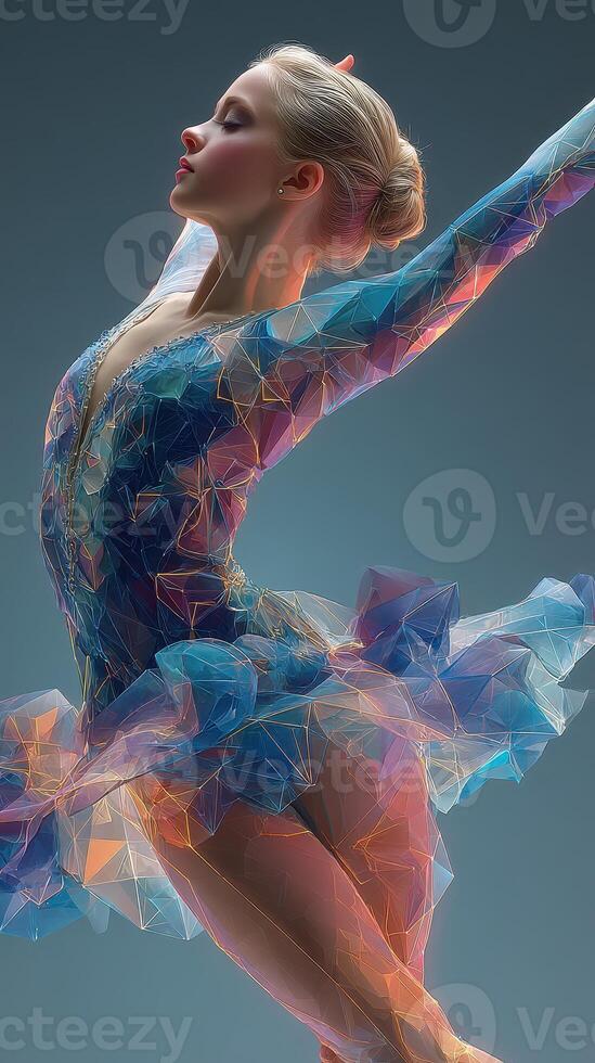 Graceful dancer showcases elegant pose in colorful costume during a performance on a gradient background photo